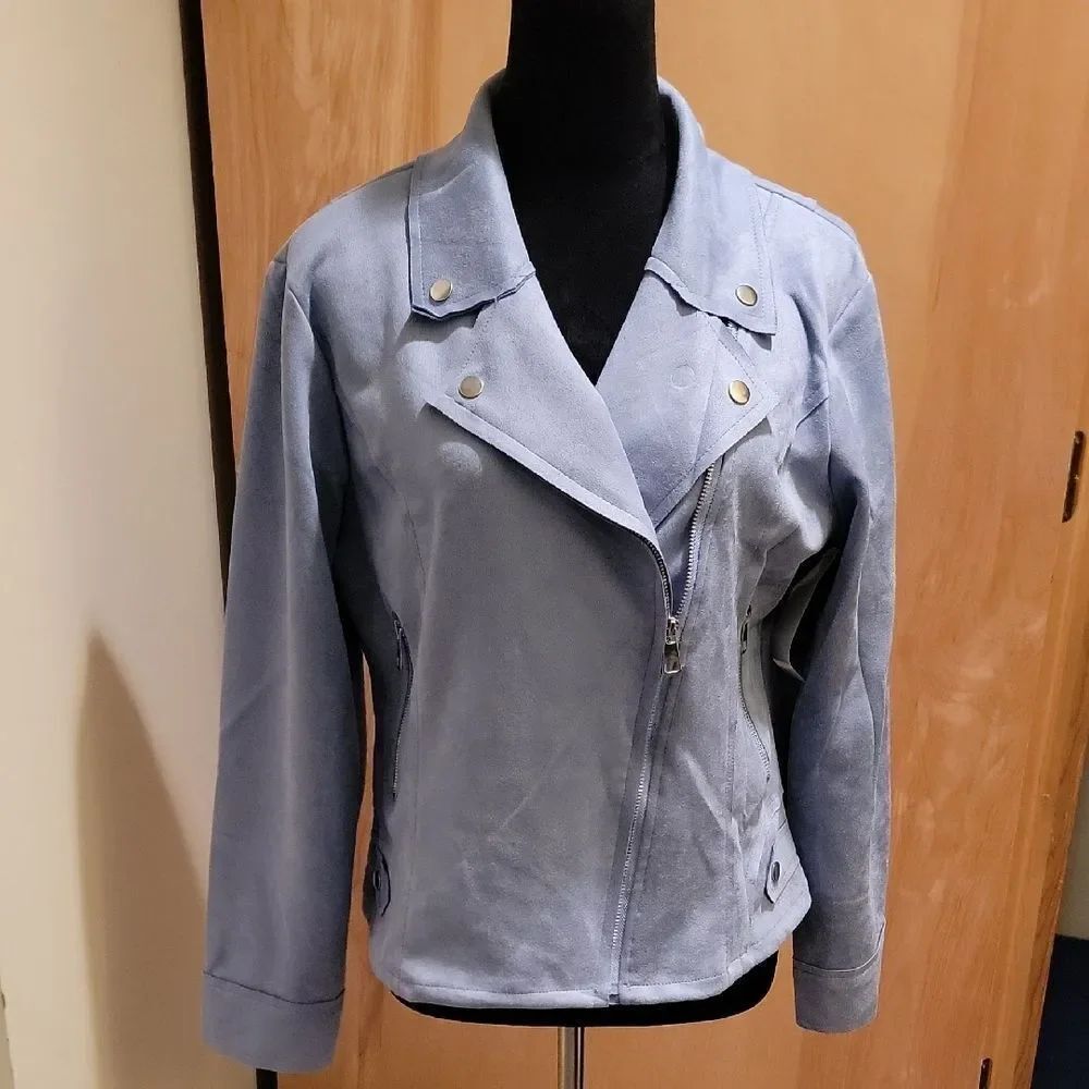 NWT Light Blue Women's Faux Suede Moto Jacket Sz L - Picture 3 of 13